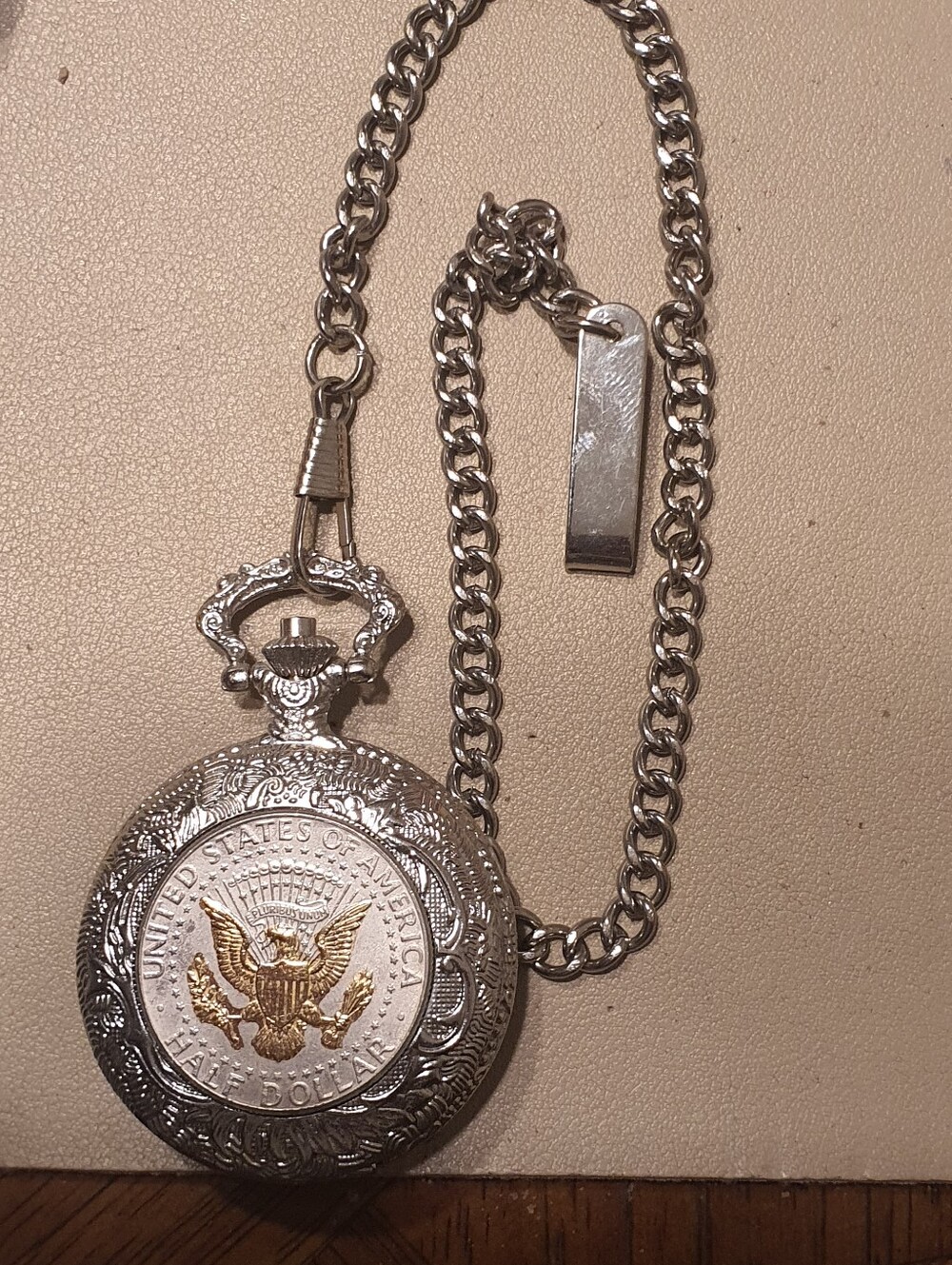 American Coin Treasures Silver/Goldtone Half Dollar Men's Pocket Watch w/Chain